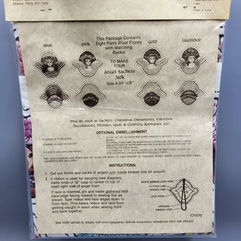 Dorothy Dear Angel Sachets DIY Fabric Kit 310k Vintage Craft Panels Multicolor